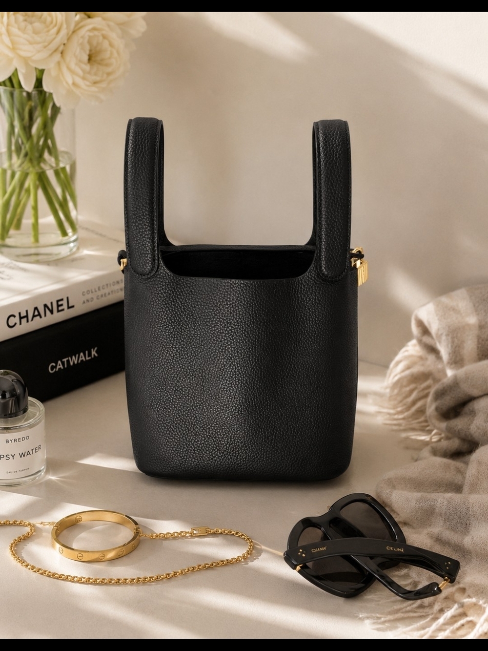 Best Picotin 18 Noir Gold Inspired Leather Bucket Bag On The Market Handbag